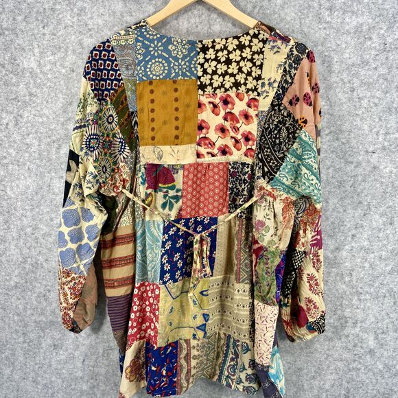 Gypsy Patchwork Peasant Boho Blouse Long Sleeve Tie Neck Multicolor Womens M/L - Picture 7 of 9